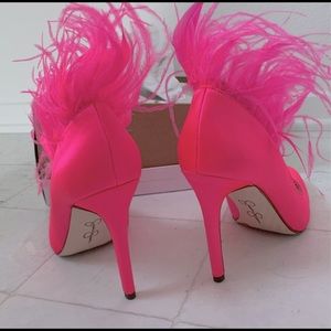 Bright pink feather pumps